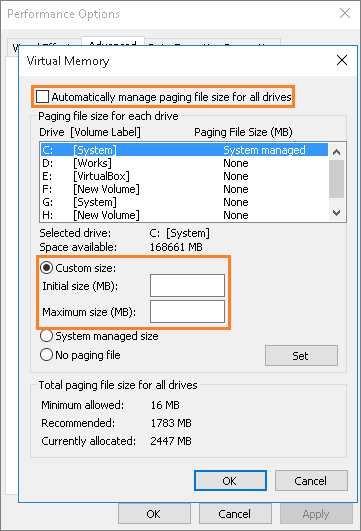 cliquez sur Taille personnalisée et définissez la valeur