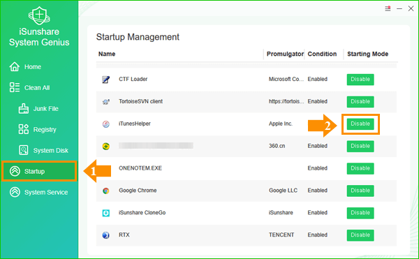 cliquez sur le bouton de désactivation du démarrage