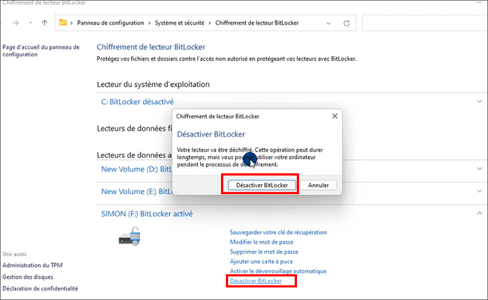 cliquez sur désactiver BitLocker