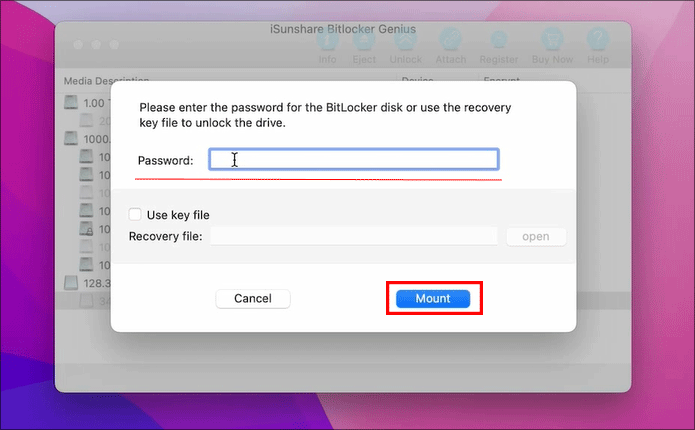 déverrouiller le lecteur avec un mot de passe ou une clé de récupération