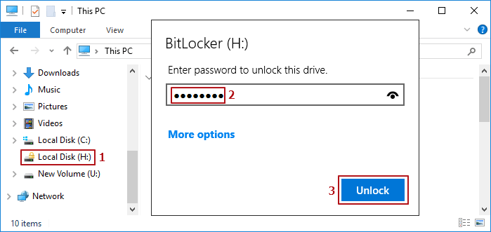 déverrouiller Bitlocker avec un mot de passe dans l'Explorateur de fichiers