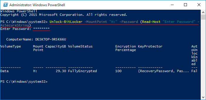  déverrouiller BitLocker avec un mot de passe dans PowerShell