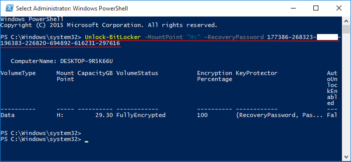 déverrouiller BitLocker avec la clé de récupération dans PowerShell