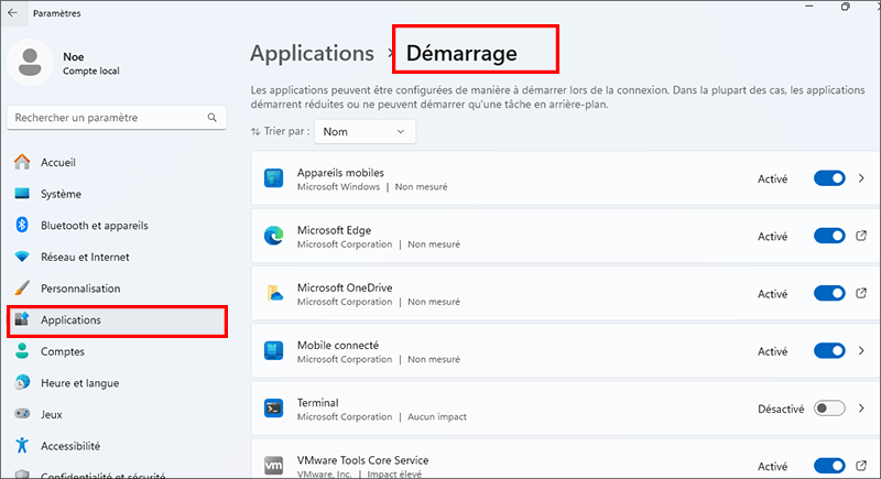 acceder aux applications de demarrage a partir des parametres