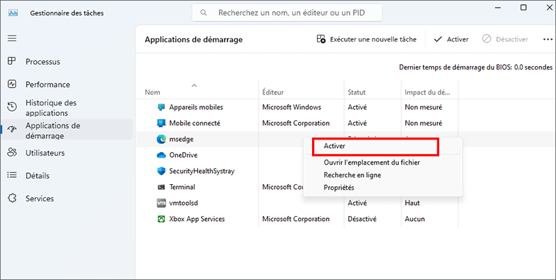 activer lapplication de demarrage a partir du gestionnaire de taches