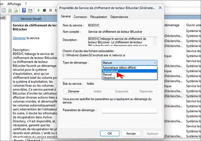 changer le type de demarrage en automatique