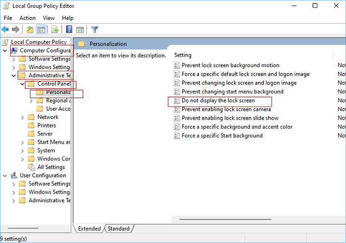 cliquez sur Ne pas afficher l'écran de verrouillage