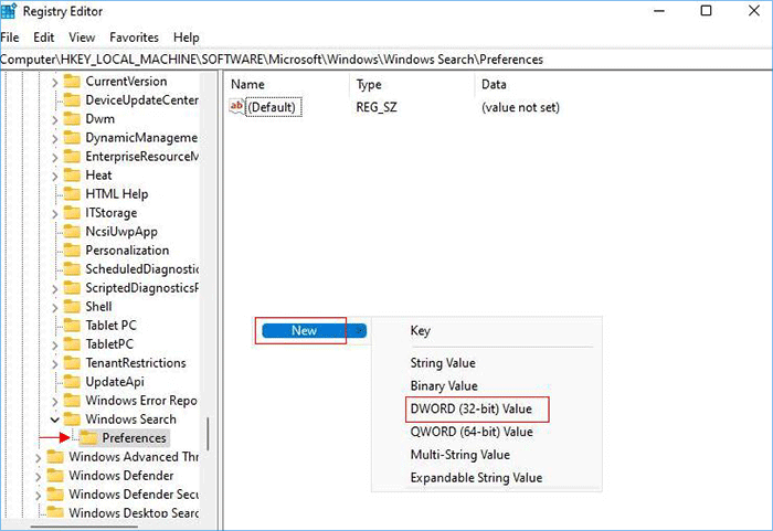 cliquez sur la valeur Dword 32 bits