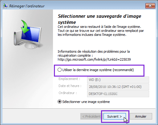 sélectionner une sauvegarde d'image système