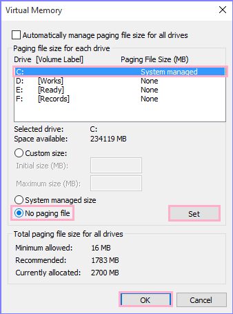 choisissez Aucun fichier d'échange