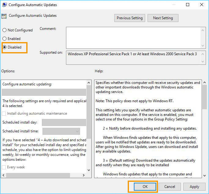 choisissez Désactiver
