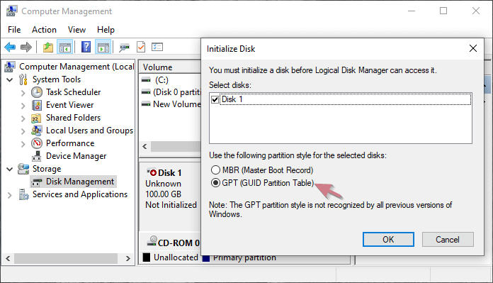 initialiser le disque avec gpt