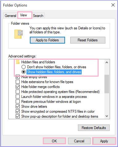 choisissez Afficher les dossiers et lecteurs de fichiers cachés