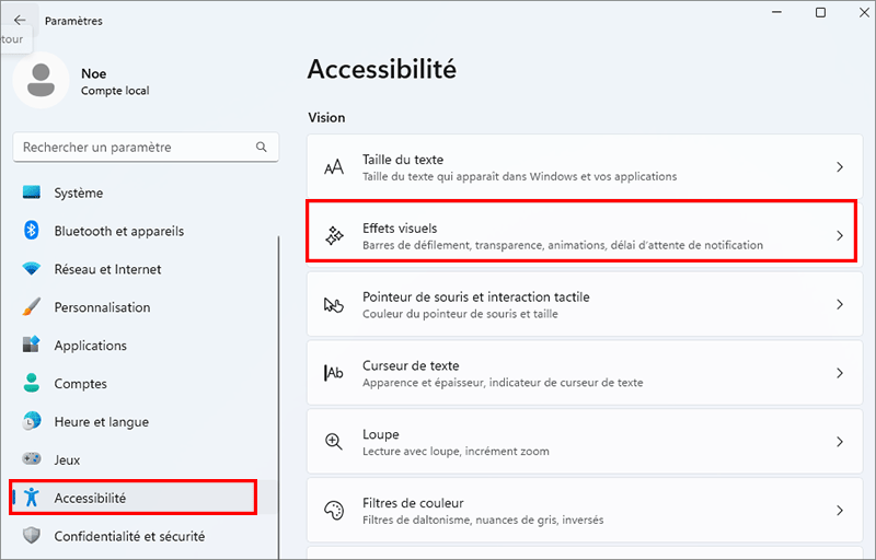 cliquez sur Effet visuel