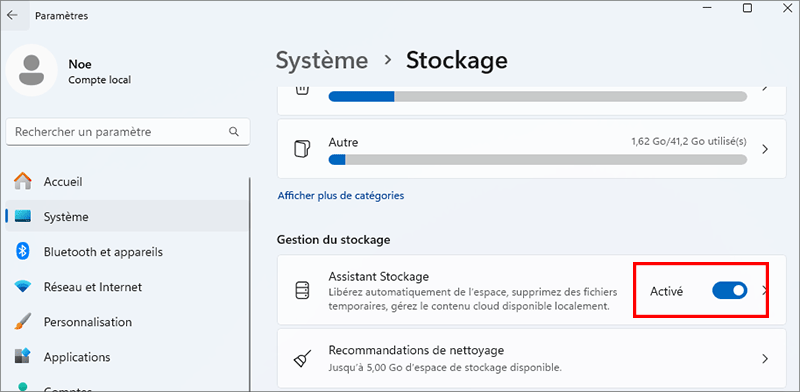 activer le sens du stockage