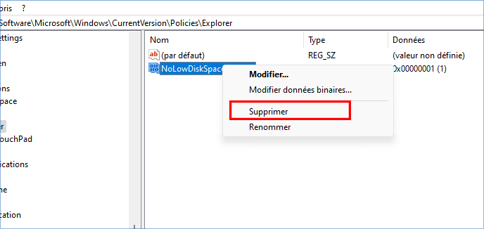 rouvrir l'avertissement d'espace disque faible