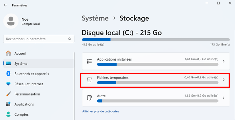 cliquez sur les fichiers temporaires