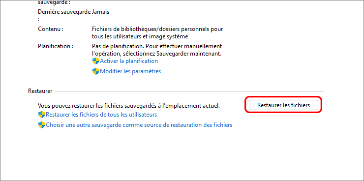 cliquez sur Restaurer mes fichiers