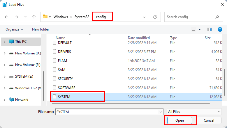 cliquez sur le fichier systeme