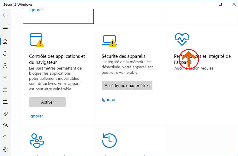 cliquez sur Performances et santé de l'appareil