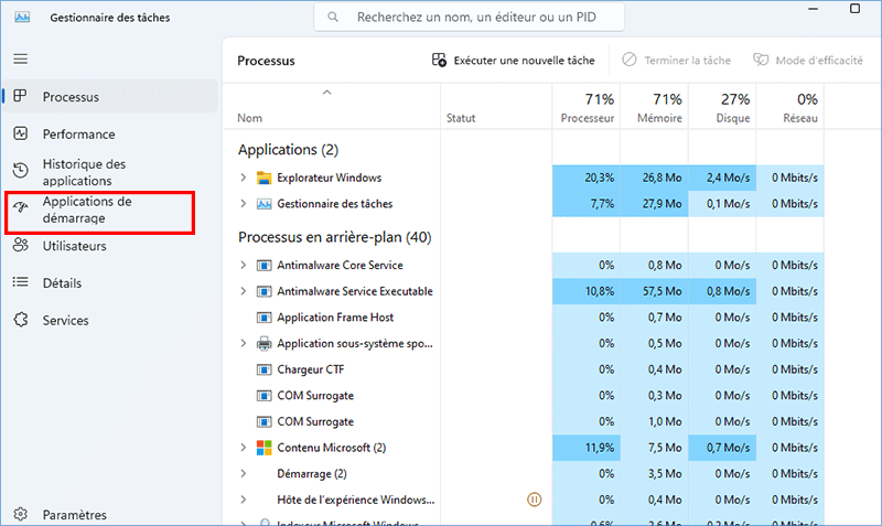 cliquez sur l'onglet Démarrage