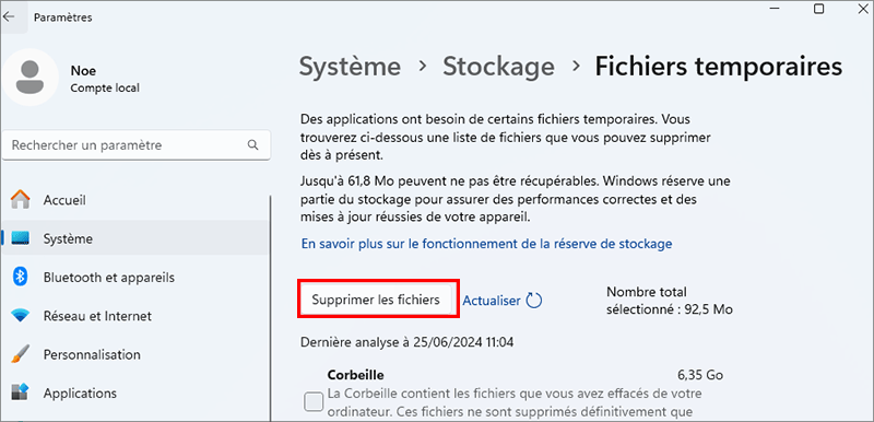 cliquez sur supprimer les fichiers