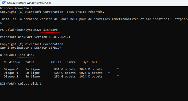 commande de selection de disque