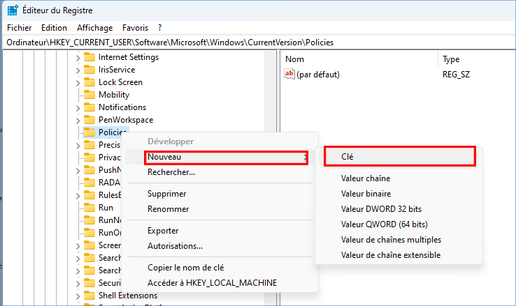 créer manuellement la clé de l'explorateur