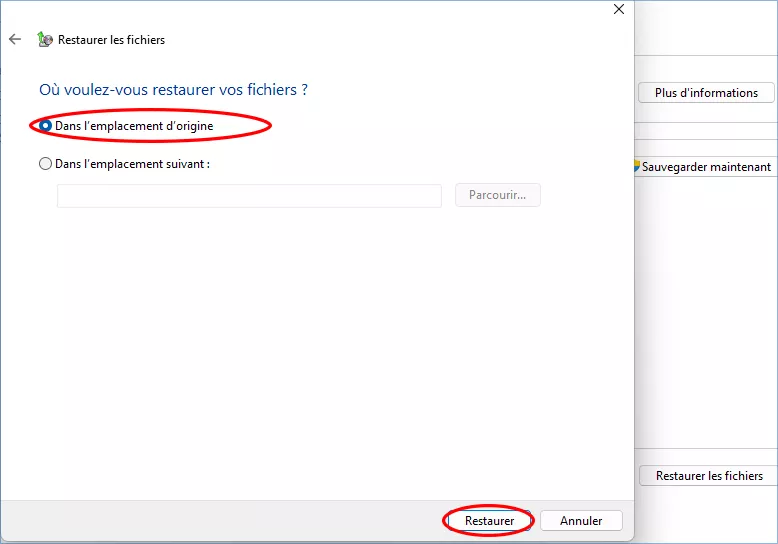 définir l'emplacement pour restaurer les fichiers