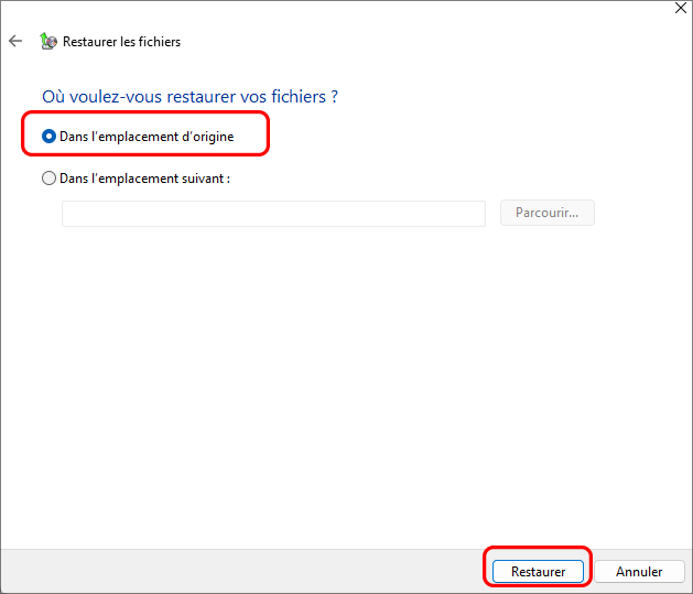 définir un emplacement pour restaurer les fichiers