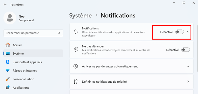 désactiver toutes les notifications