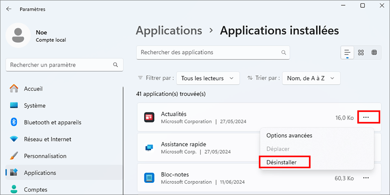 desinstaller les applications inutilisees