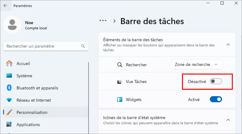 fermer les éléments inutiles de la barre des tâches
