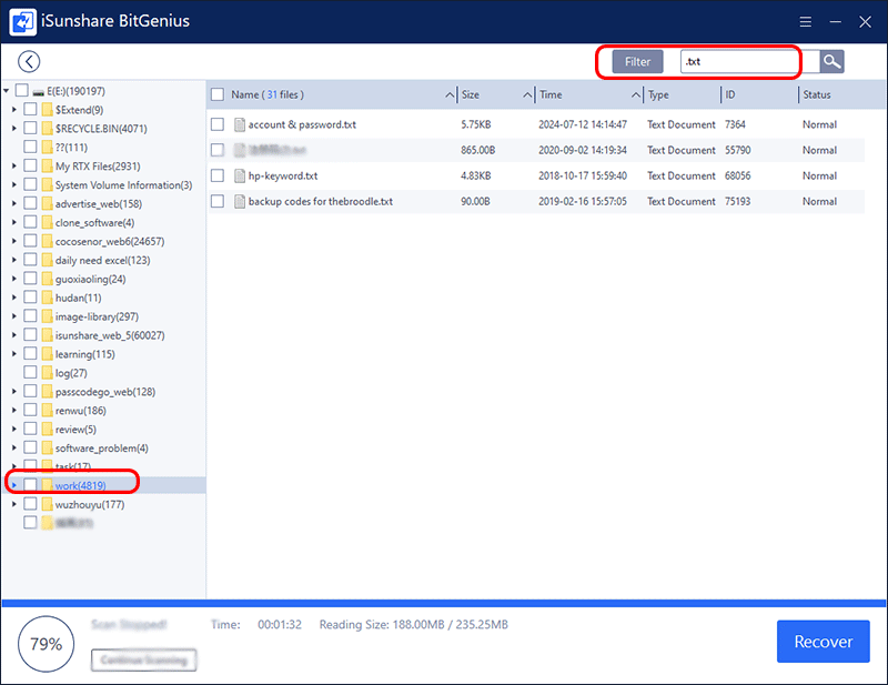 filtrer les fichiers texte cibles