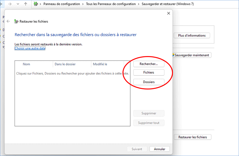 fichiers du navigateur à restaurer