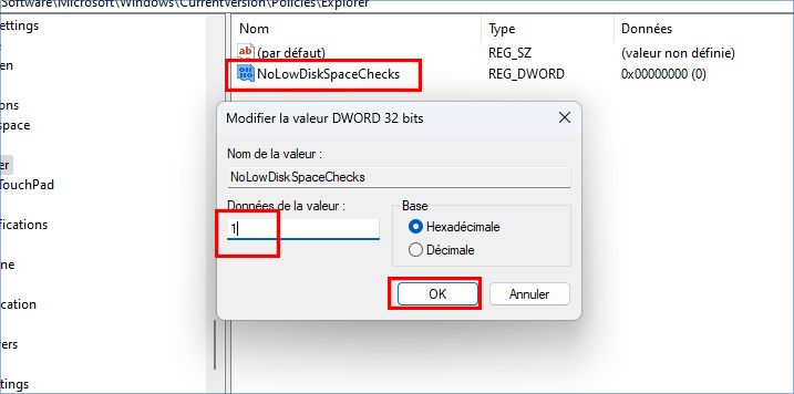désactiver la vérification de l'espace disque faible