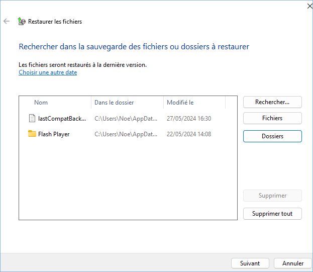 restaurer le fichier de sauvegarde Windows