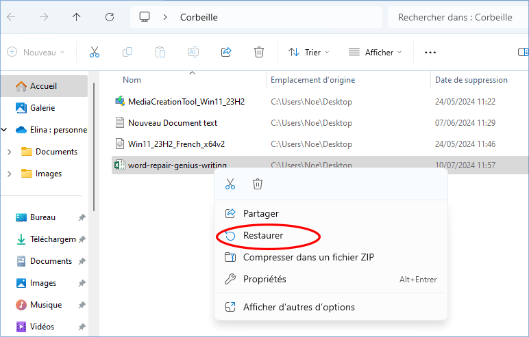 restaurer le fichier Excel supprimé de la corbeille