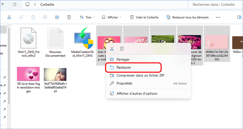 restaurer des photos de la corbeille