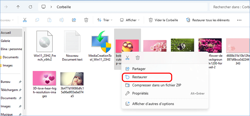 restaurer des photos de la corbeille