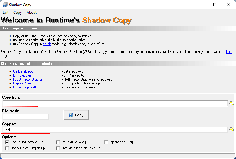 selectionner la partition a copier depuis et copier vers