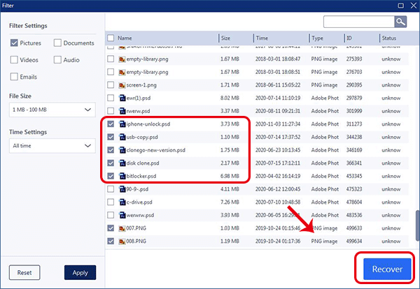 sélectionner les photos à récupérer
