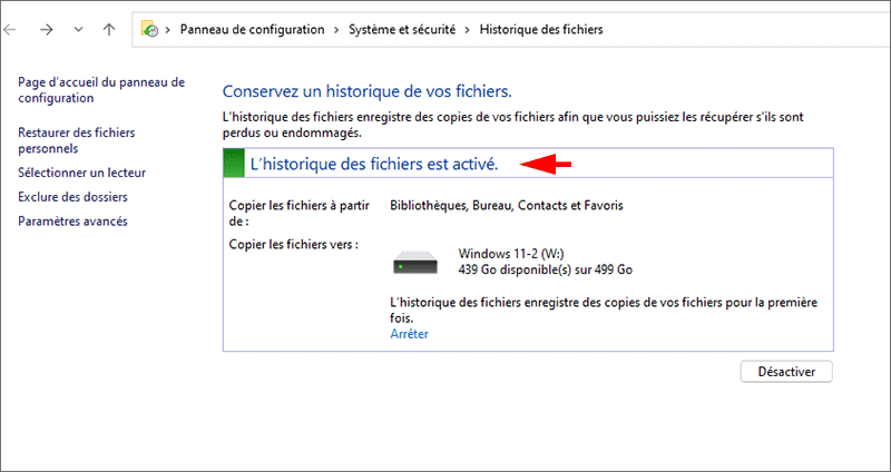 activer l'historique des fichiers