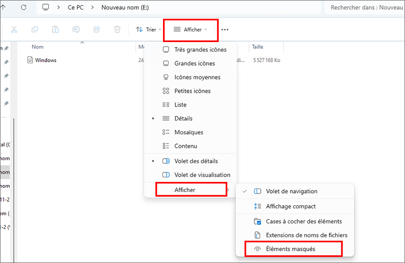 afficher les éléments cachés