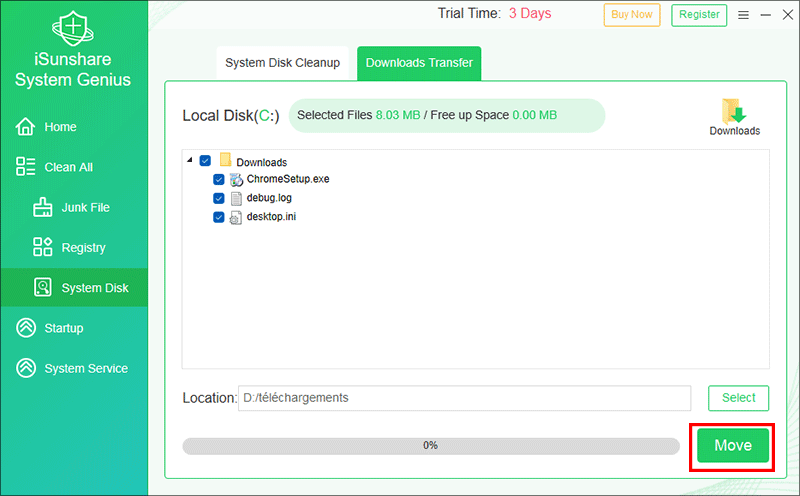 appuyez sur le bouton Déplacer
