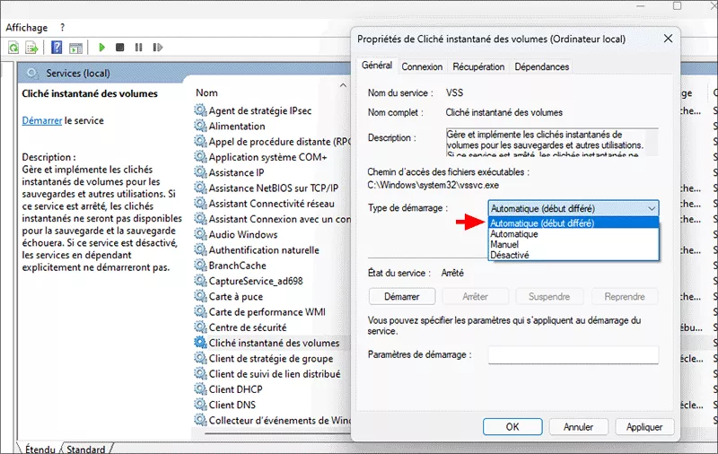 changer le type de démarrage en automatique