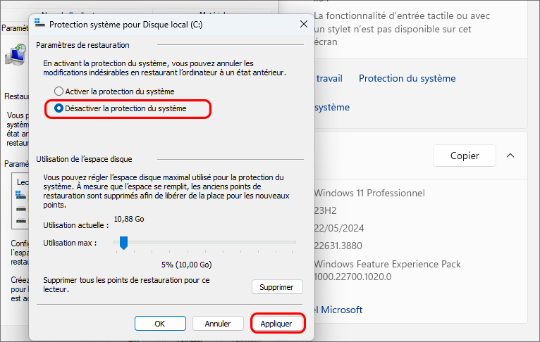 choisissez désactiver la protection du système