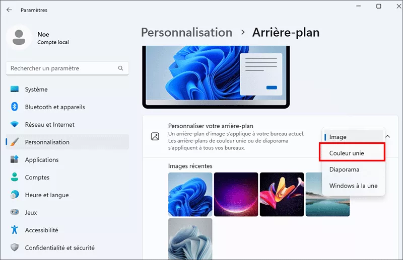 choisissez une image ou une couleur unie comme fond d'écran