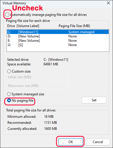 choisissez l'option Aucun fichier d'échange