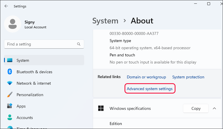 cliquez sur Paramètres système avancés